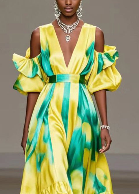 Simple Yellow Cold Shoulder Tie Dye Ruffles Silk Maxi Dress Summer