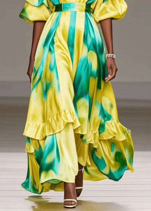 Simple Yellow Cold Shoulder Tie Dye Ruffles Silk Maxi Dress Summer