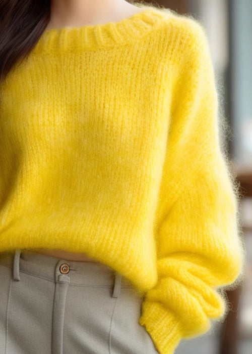 Simple Yellow O Neck Solid Knit Sweater Winter