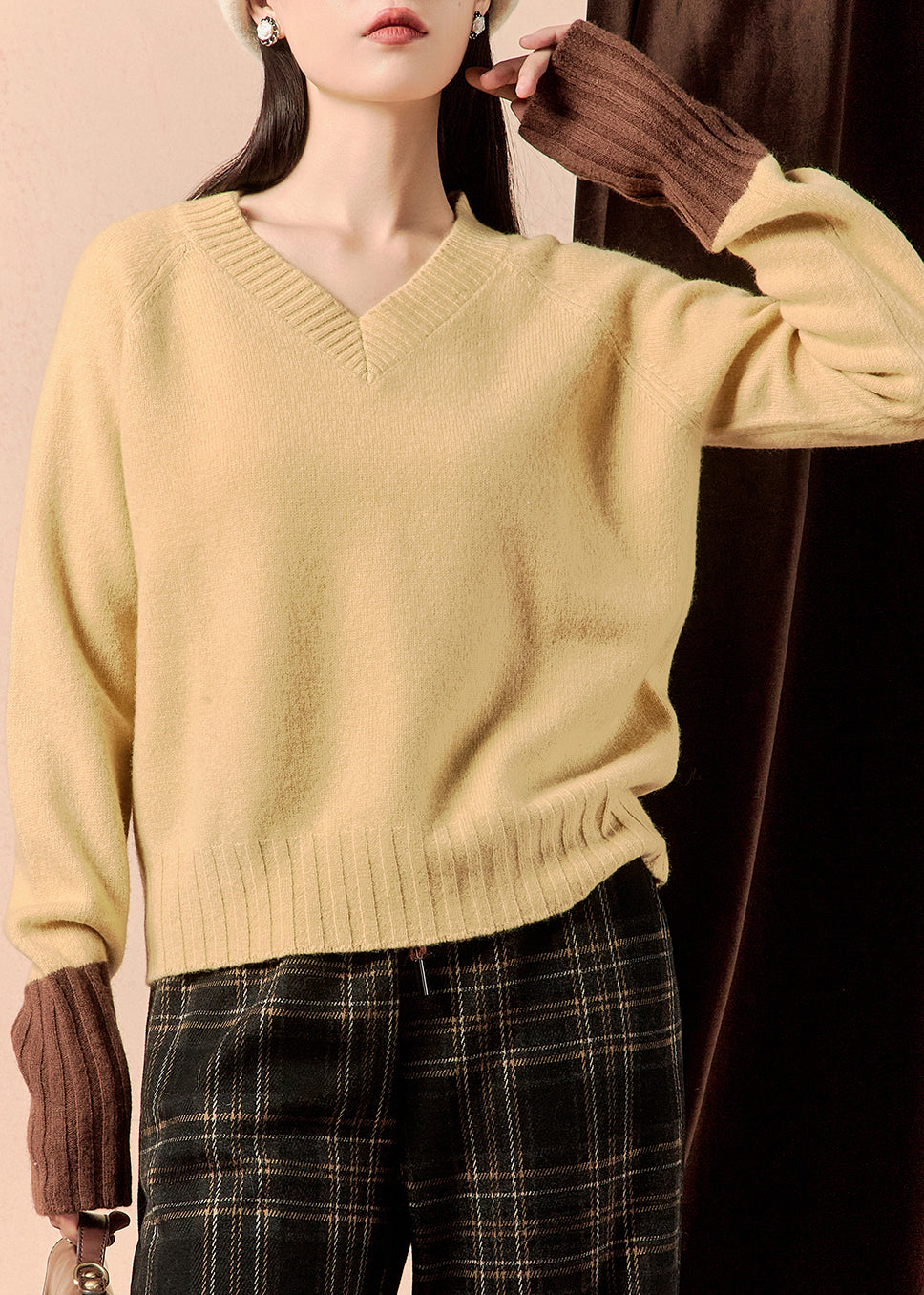 Simple Yellow V Neck Patchwork Knit Sweater Winter