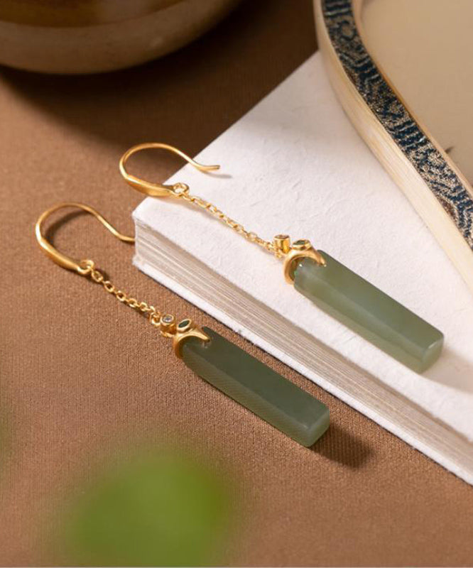 Skinny Gold Sterling Silver Overgild Jade Rectangular Drop Earrings