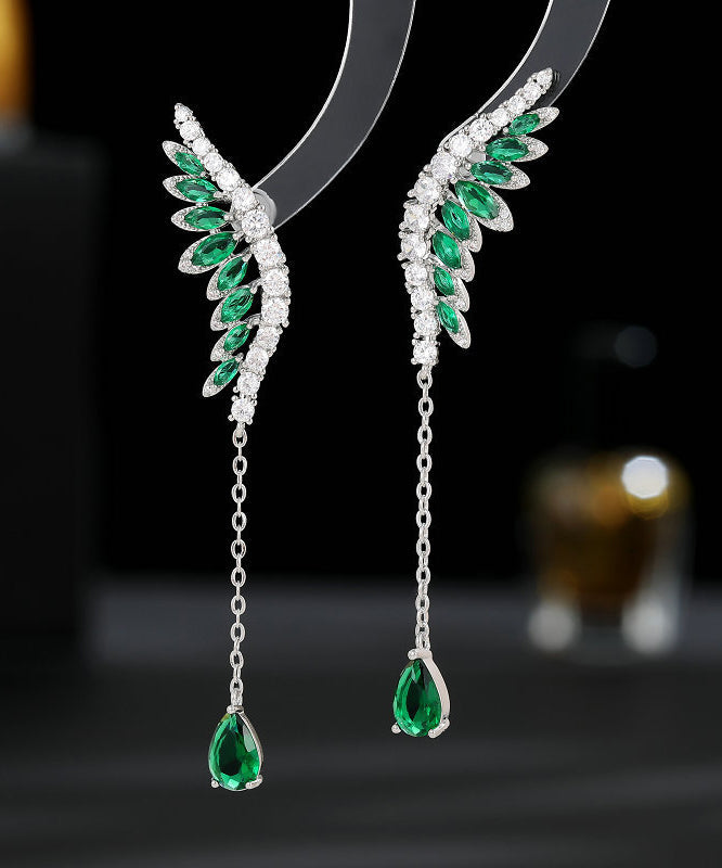 Skinny Green Copper Inlaid Zircon Crystal Wing Tassel Drop Earrings