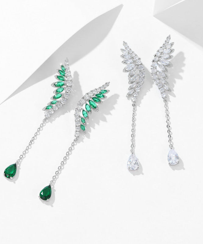 Skinny Green Copper Inlaid Zircon Crystal Wing Tassel Drop Earrings