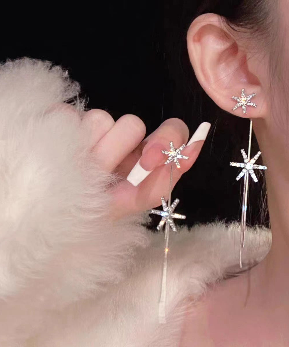 Skinny Stainless Steel Zircon Snowflake Tassel Drop Earrings