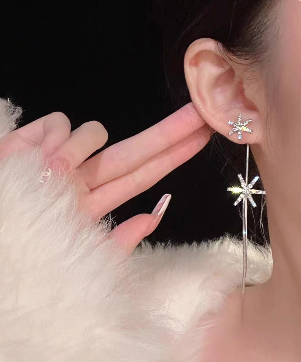 Skinny Stainless Steel Zircon Snowflake Tassel Drop Earrings