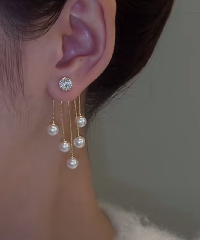 Skinny White Alloy Zircon Pearl Tassel Drop Earrings