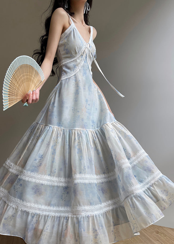 Sky Blue Patchwork Lace Silk Summer Dress Exra Large Hem