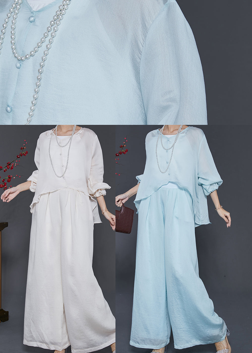 Sky Blue Silk Two Pieces Set Oversized Low High Design Spring