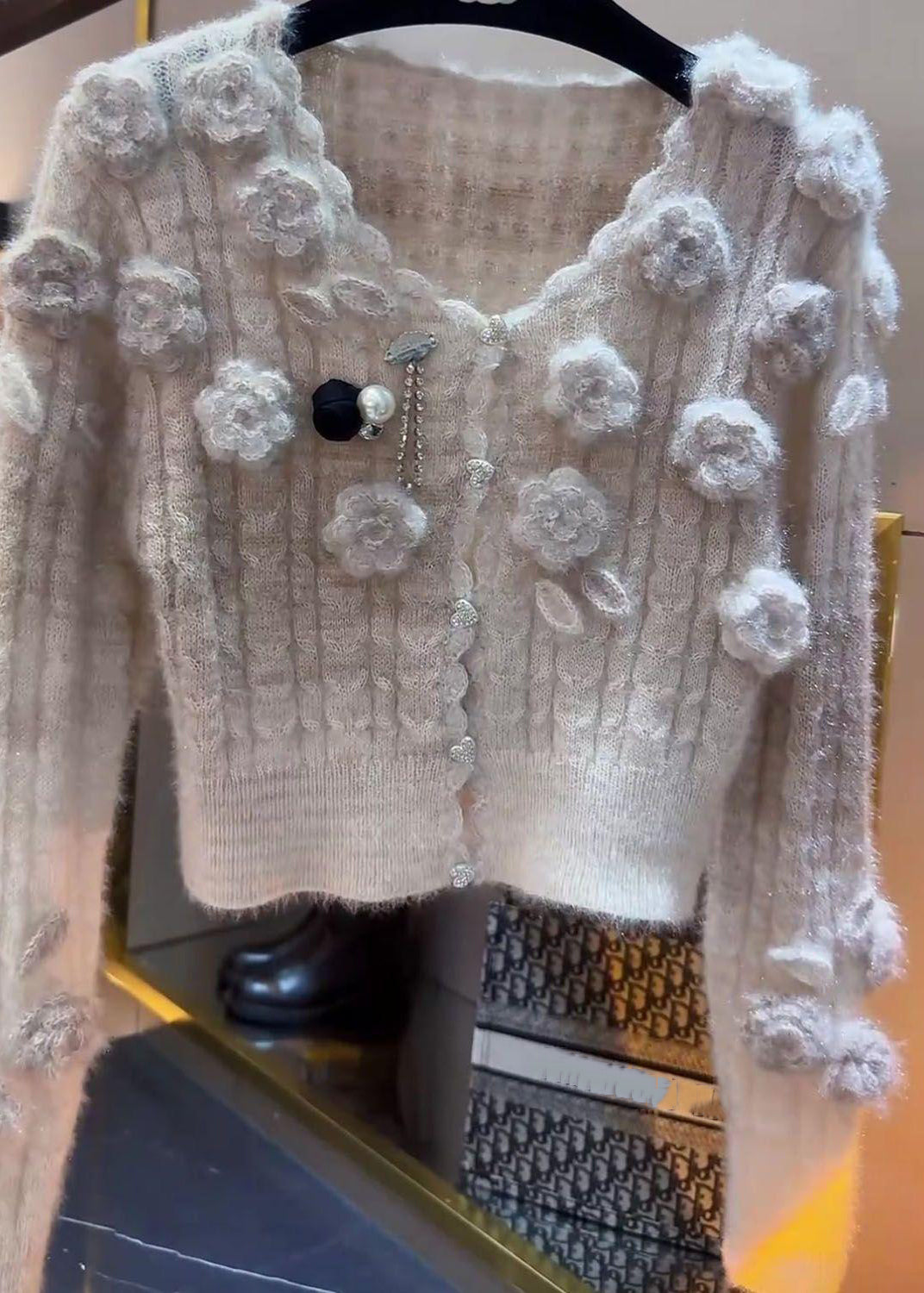 Slim Fit Beige Button Floral Patchwork Knit Sweaters Winter