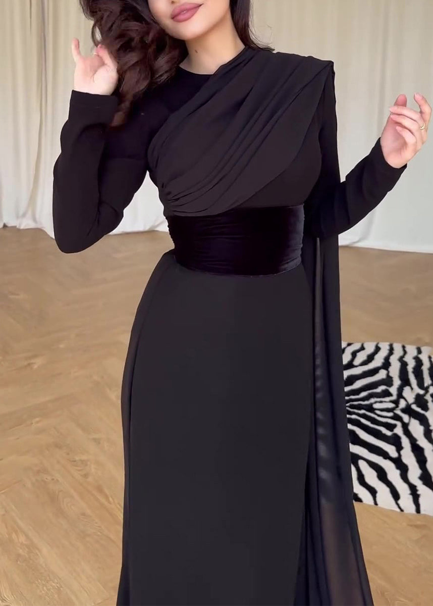 Slim Fit Black High Waist Patchwork Silk Velvet Maxi Dress Fall