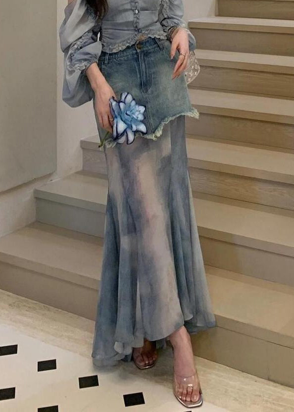 Slim Fit Blue High Waist Patchwork Denim Maxi Skirts Spring