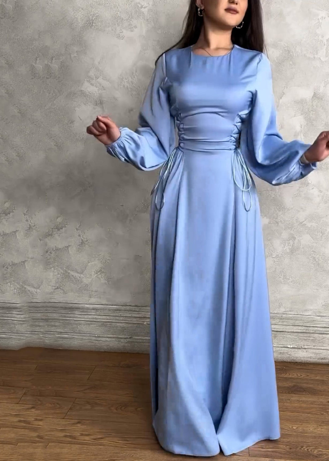 Slim Fit Blue O Neck Lace Up Silk Long Dresses Fall