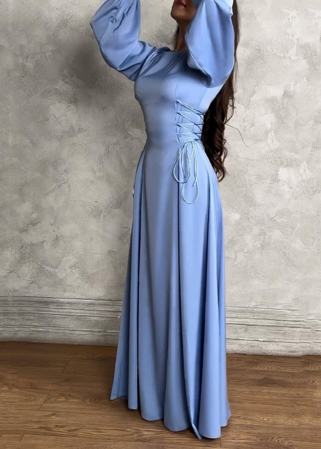 Slim Fit Blue O Neck Lace Up Silk Long Dresses Fall