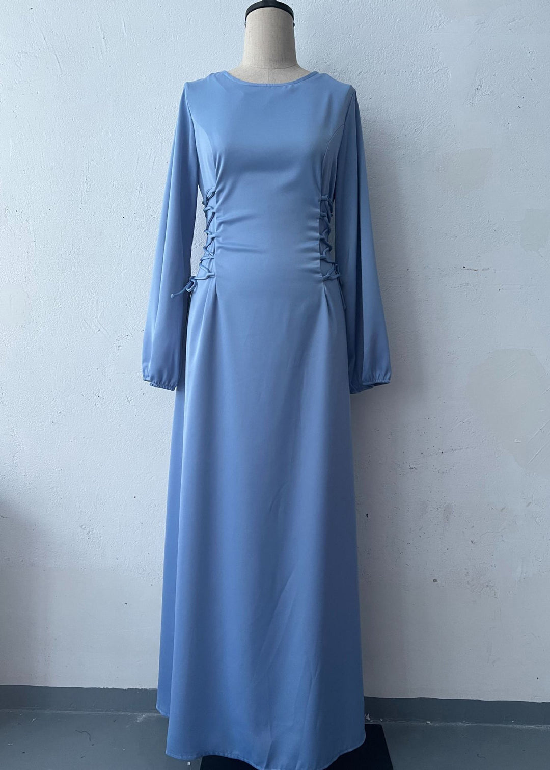 Slim Fit Blue O Neck Lace Up Silk Long Dresses Fall