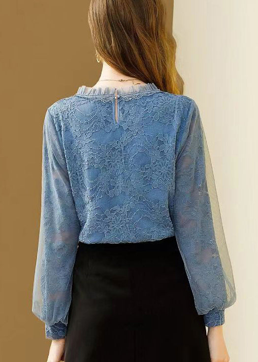 Slim Fit Blue Ruffled Button Lace Shirt Spring