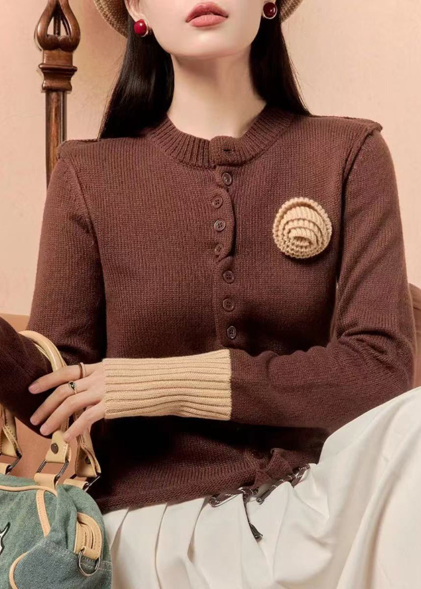 Slim Fit Brown Button Patchwork Knit Sweaters Winter