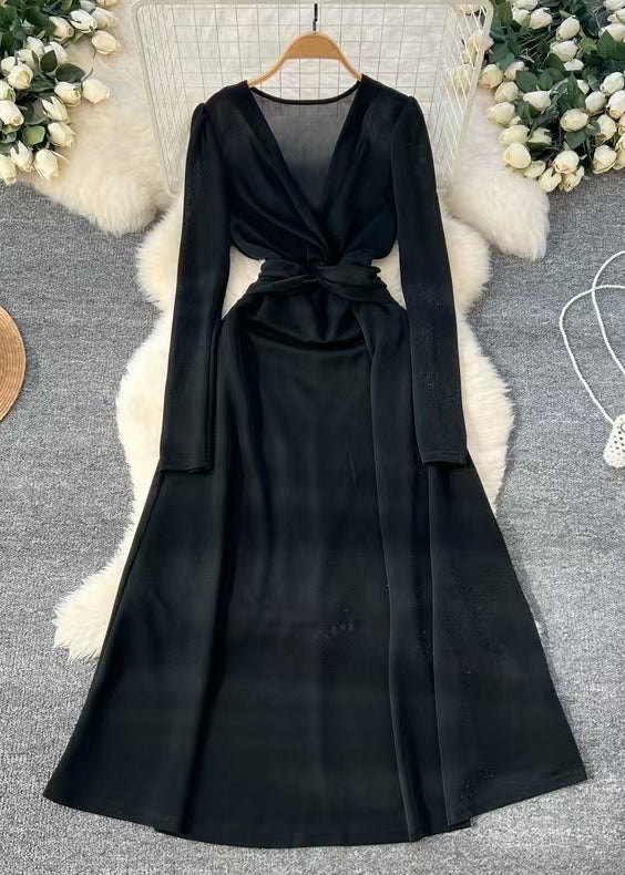 Slim Fit Dark Gray V Neck High Waist Silk Long Dresses Winter