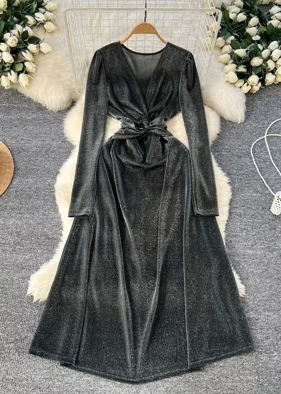 Slim Fit Dark Gray V Neck High Waist Silk Long Dresses Winter