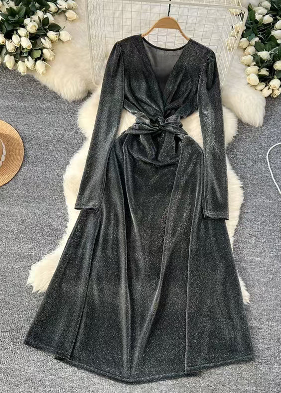 Slim Fit Dark Gray V Neck High Waist Silk Long Dresses Winter