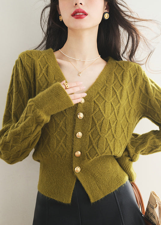 Slim Fit Green V Neck Button Knit Sweater Spring