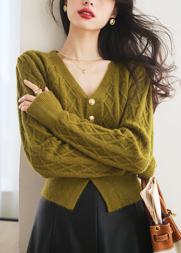 Slim Fit Green V Neck Button Knit Sweater Spring