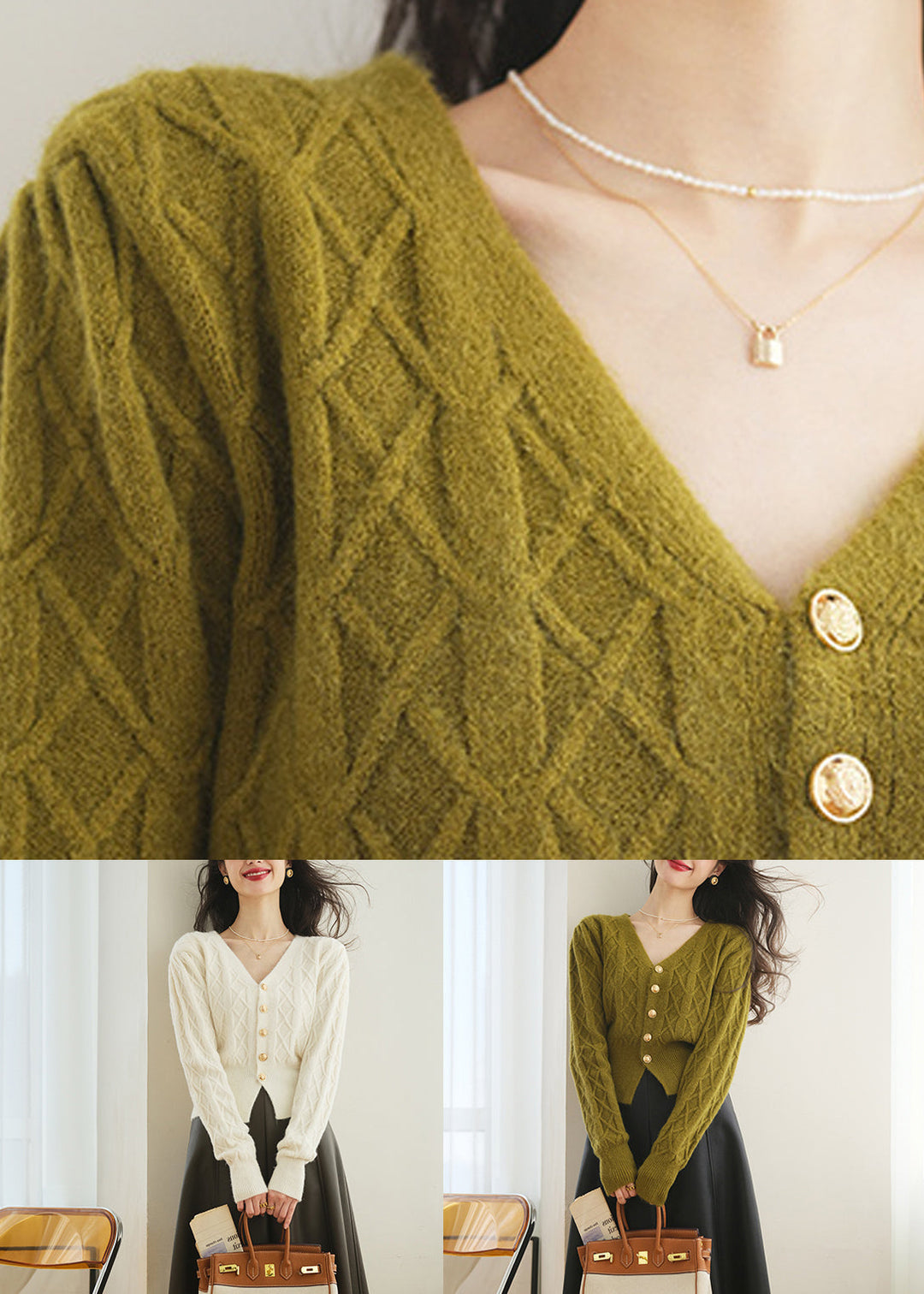 Slim Fit Green V Neck Button Knit Sweater Spring