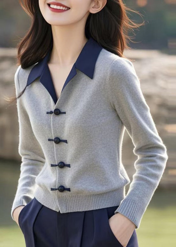 Slim Fit Grey Peter Pan Collar Button Knit Sweater Spring