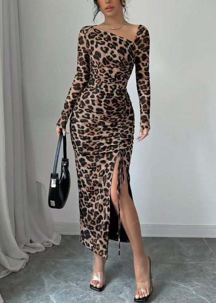 Slim Fit Khaki Leopard Cinched Cotton Long Dresses Spring