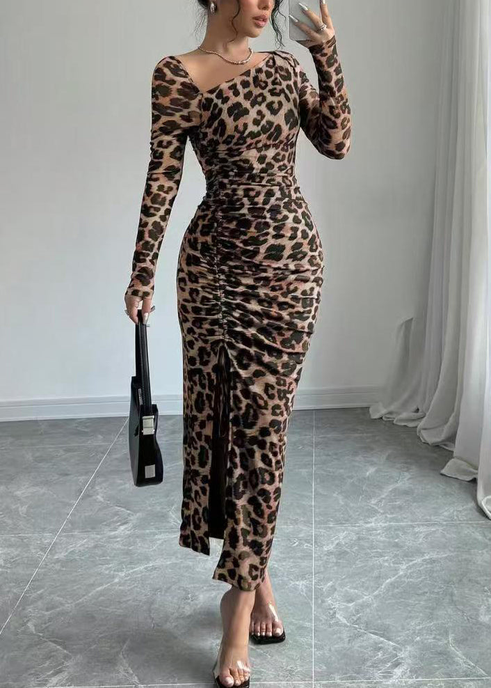 Slim Fit Khaki Leopard Cinched Cotton Long Dresses Spring