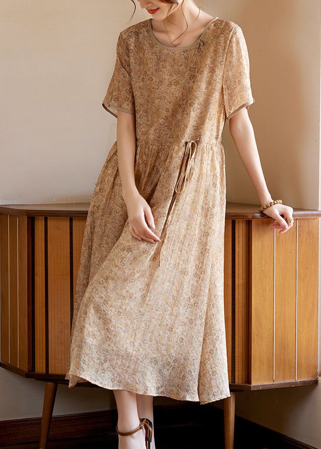 Slim Fit Khaki O-Neck Print Silk Long Dresses Summer