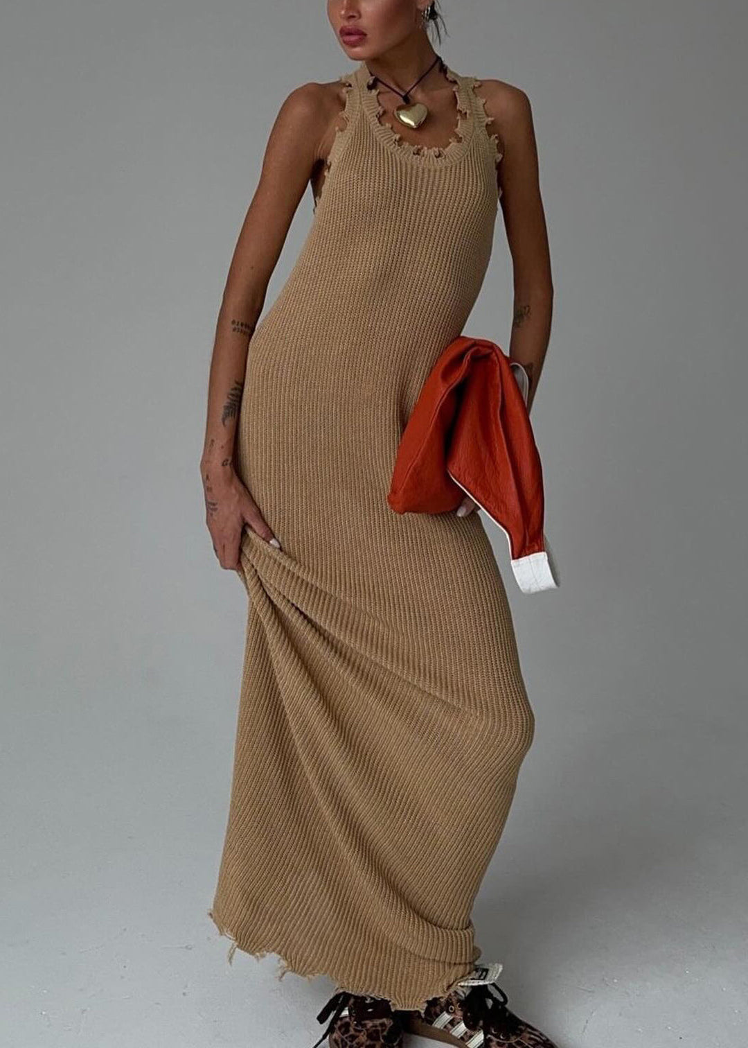 Slim Fit Khaki O Neck Solid Knit Maxi Dresses Sleeveless