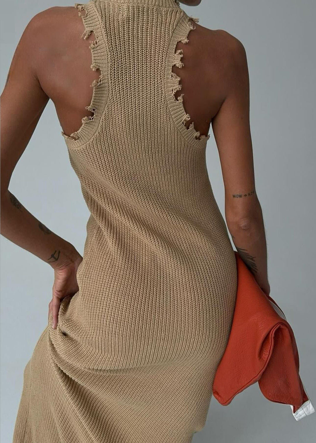 Slim Fit Khaki O Neck Solid Knit Maxi Dresses Sleeveless