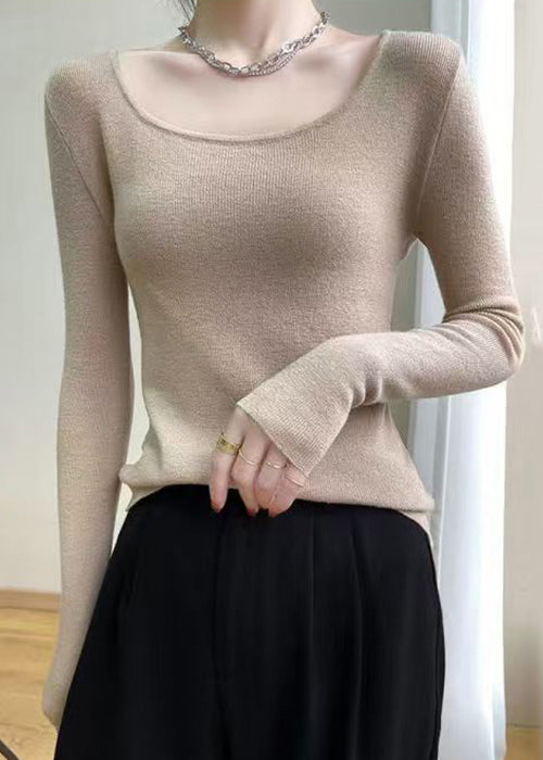 Slim Fit Light Camel O Neck Solid Wool Knit Top Fall