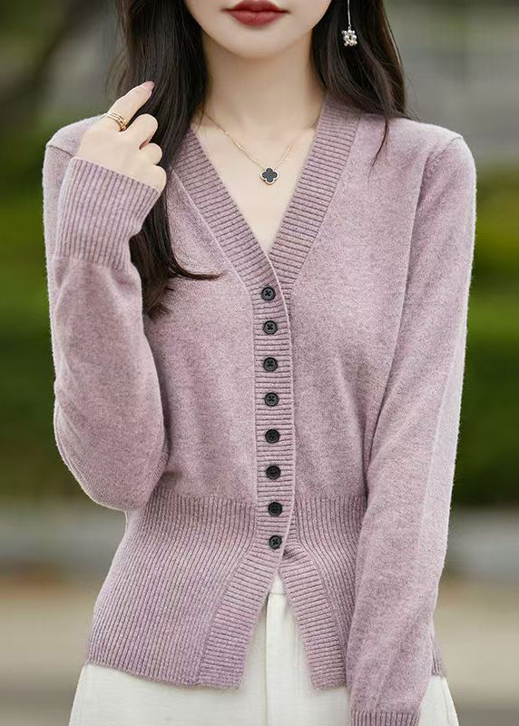 Slim Fit Purple V Neck Button Knit Sweaters Spring