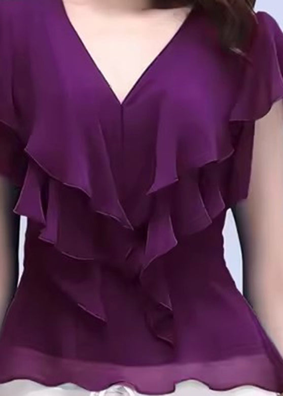 Slim Fit Purple V Neck Ruffled Chiffon Tops Short Sleeve