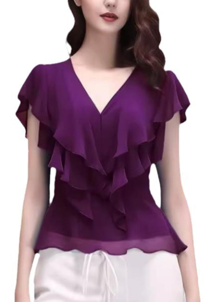 Slim Fit Purple V Neck Ruffled Chiffon Tops Short Sleeve