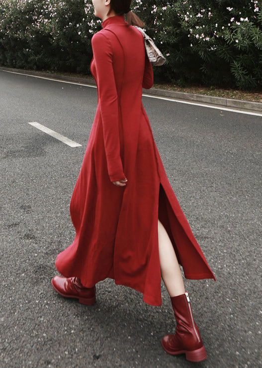 Slim Fit Red Side Open Solid Cotton Long Dress Spring