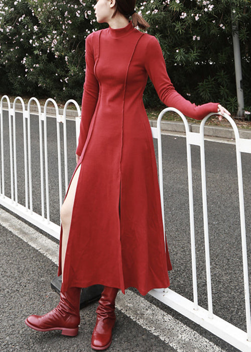 Slim Fit Red Side Open Solid Cotton Long Dress Spring