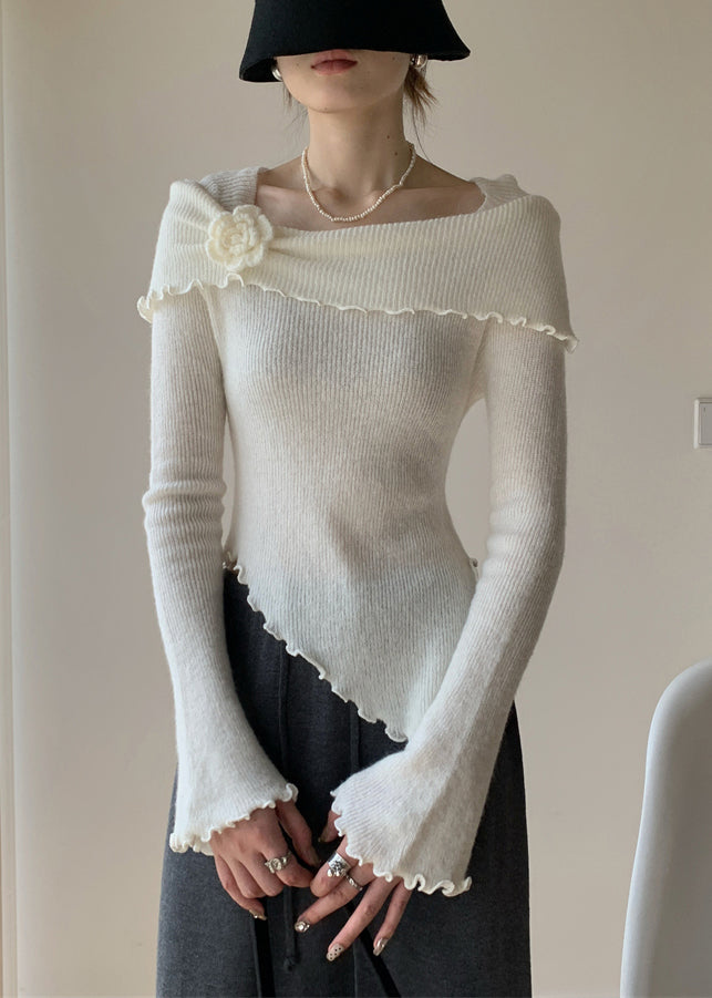 Slim Fit White Asymmetrical Knitting Cotton Sweaters Fall