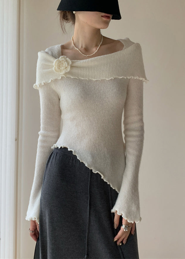 Slim Fit White Asymmetrical Knitting Cotton Sweaters Fall