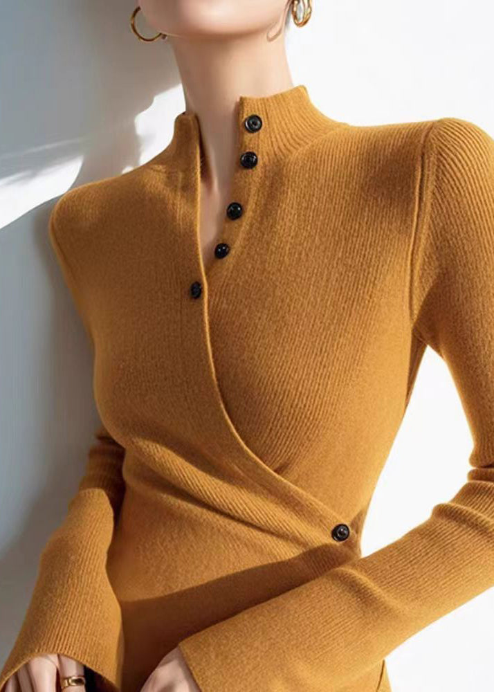 Slim Fit Yellow V Neck Wrinkled Cotton Knit Sweaters Winter