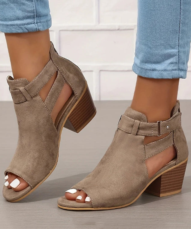 Soft Splicing Chunky Sandals Peep Toe Grey Suede