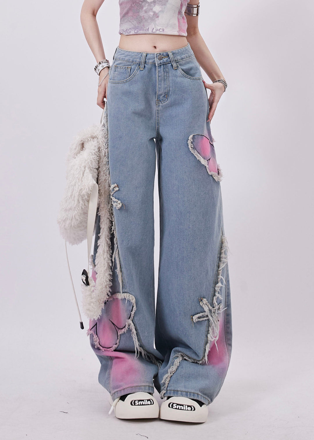 Streetwear Blue Butterfly Patch Tassel Denim Straight Pants Spring