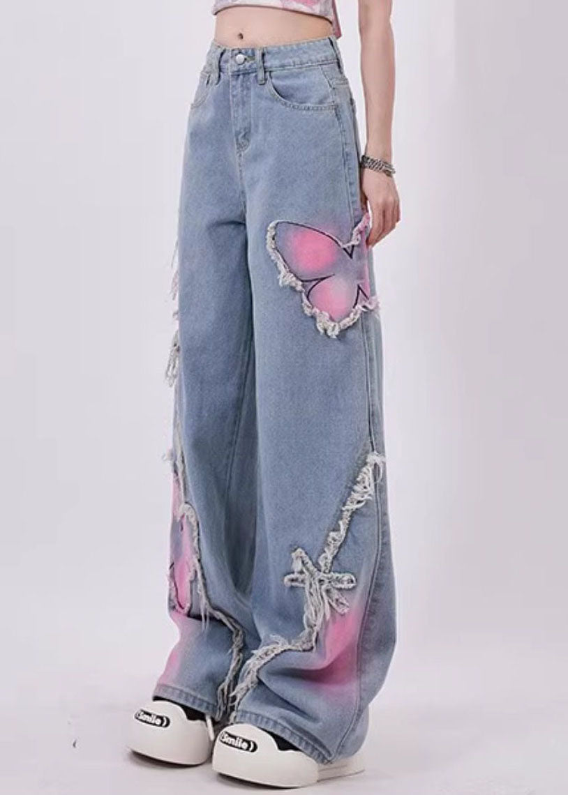 Streetwear Blue Butterfly Patch Tassel Denim Straight Pants Spring