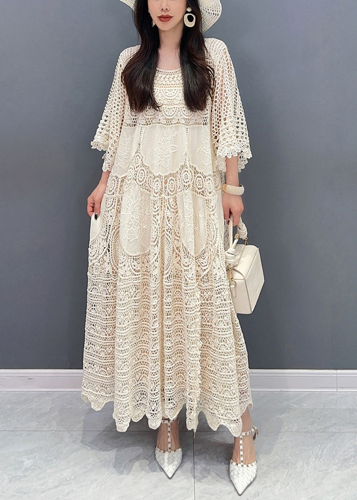 Style Beige O Neck Hollow Out Patchwork Lace Dress Summer