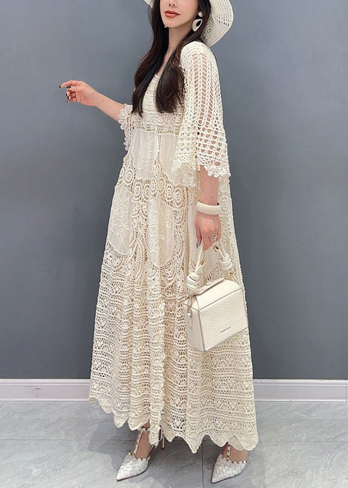 Style Beige O Neck Hollow Out Patchwork Lace Dress Summer