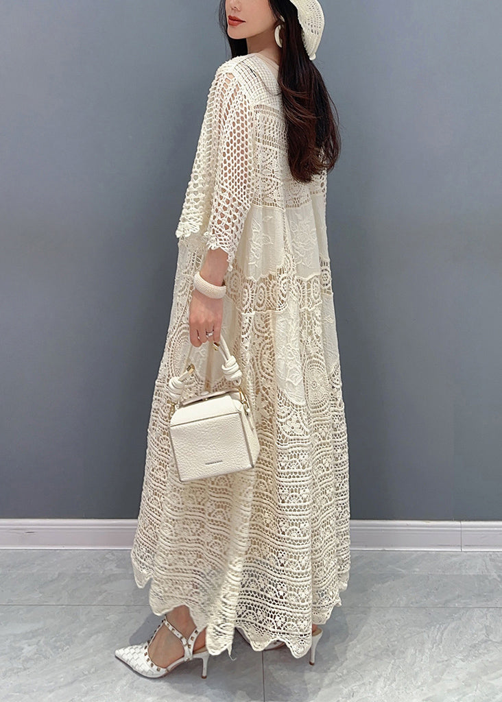 Style Beige O Neck Hollow Out Patchwork Lace Dress Summer