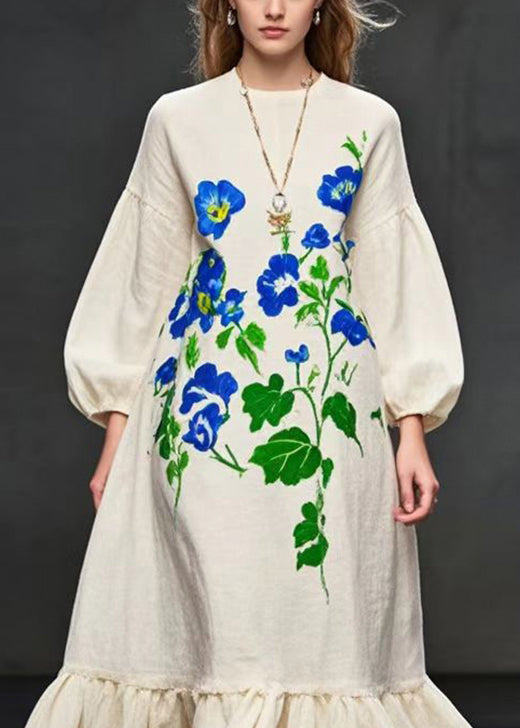 Style Beige Oversized Print Cotton Maxi Dress Fall