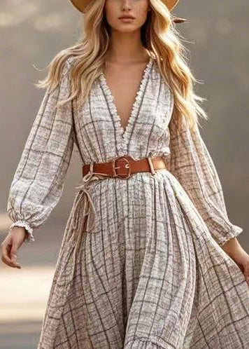 Style Beige Print Exra Large Hem Linen Tunic Dresses Spring