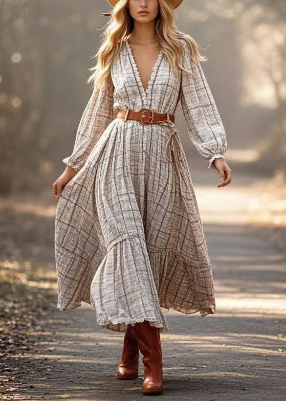 Style Beige Print Exra Large Hem Linen Tunic Dresses Spring